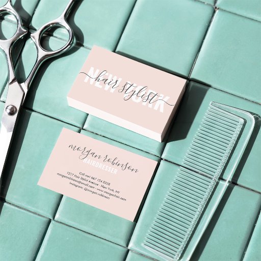 Customizable Modern blush pink hair stylist script signature business card