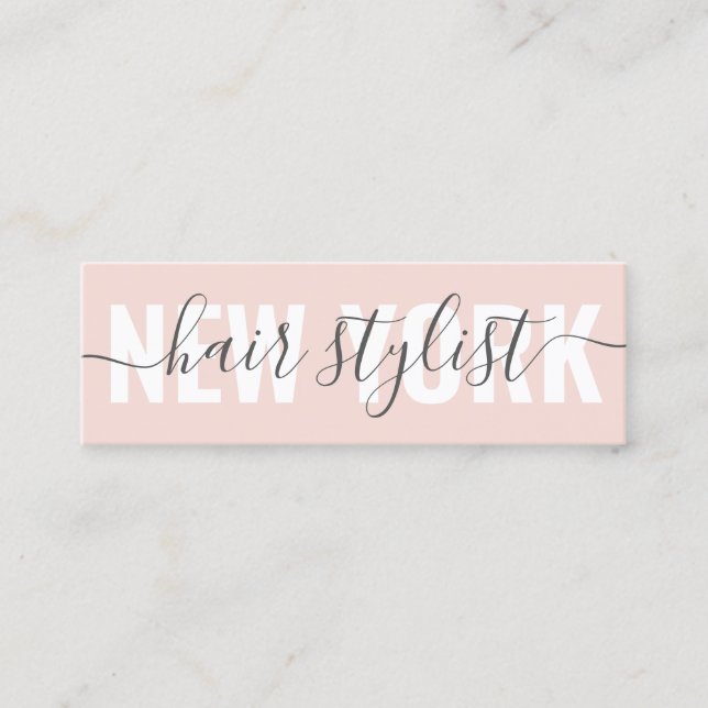 Modern blush pink hair stylist script signature mini business card (Front)