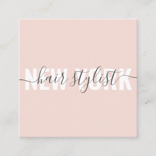 Modern blush pink hair stylist script signature square business card