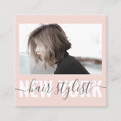 Modern blush pink hair stylist signature photo square business card