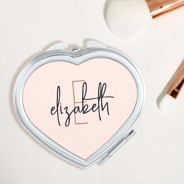 Modern Blush Pink Heart Monogram Personalized Compact Mirror (Creator Uploaded)