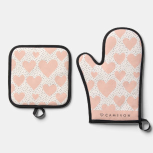 Modern Blush Pink Heart Pattern Personalized Oven Mitt & Pot Holder Set