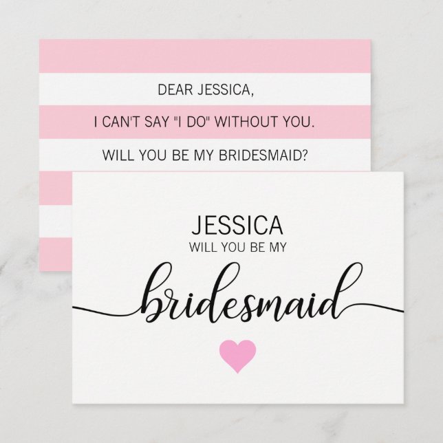 Modern Blush PINK Heart Will You Be my Bridesmaid? Invitation (Front/Back)