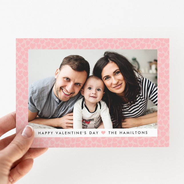 Modern Blush Pink Hearts Photo Valentine's Day Holiday Card (Creator Uploaded)