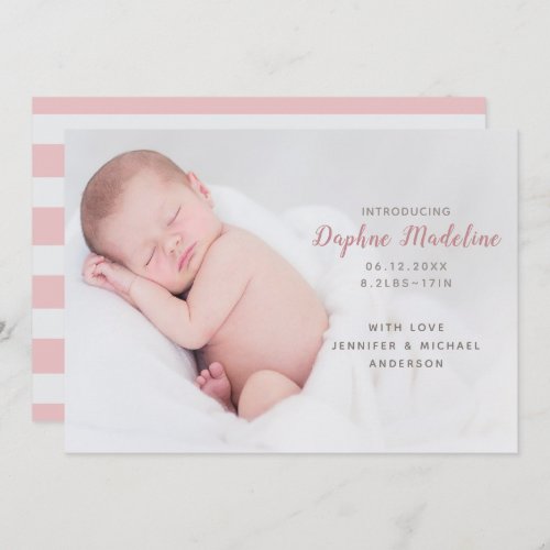 Modern Blush Pink Introducing Baby Girl Photo Announcement