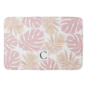 Modern blush pink leaves and monogram tropical bath mat