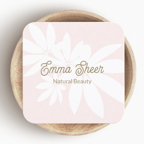 Modern Blush Pink Leaves Branch Gold Script Square Business Card