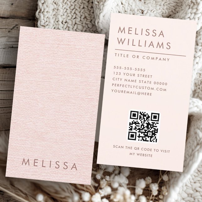Modern blush pink linen print vertical minimalist business card (Modern blush pink linen look vertical minimalist business card)