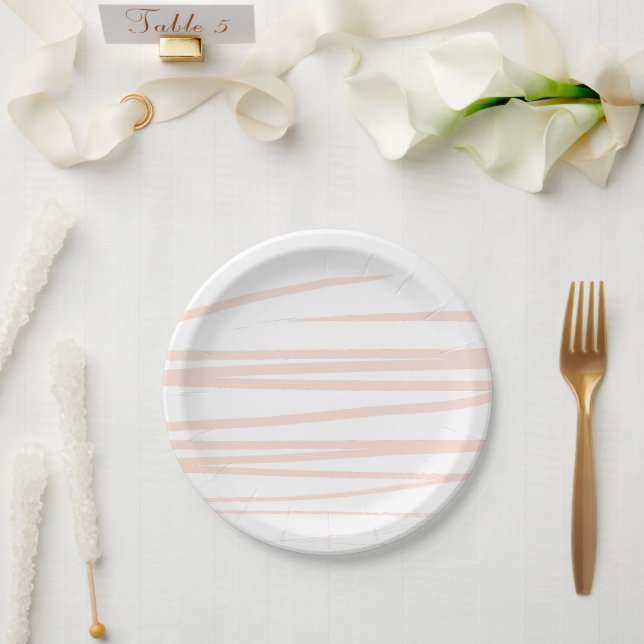 Modern Blush Pink Lines Abstract Art  Paper Plates (Wedding)