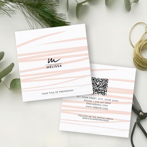 Modern Blush Pink Lines Abstract Art QR Code Square Business Card