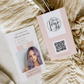 Modern Blush Pink Makeup Hair Photo Qr Code Logo Business Card by girly_trend at Zazzle