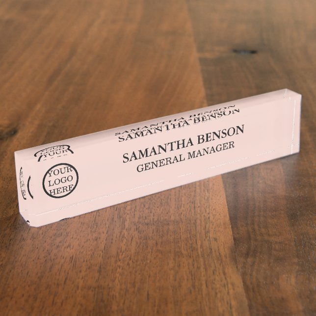 Modern Blush Pink  Manager Title Business Logo Desk Name Plate (Side)