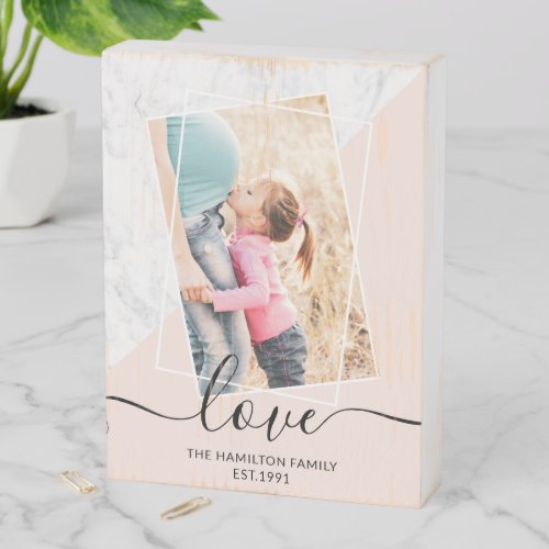 Modern blush pink marble block family photo wooden box sign