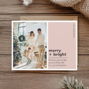 Modern Blush Pink Merry + Bright Christmas Photo Postcard