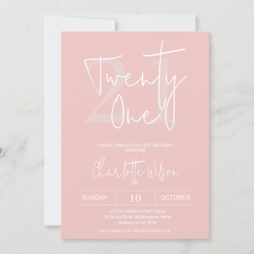Modern Blush Pink Minimalist 21st Birthday Invitation