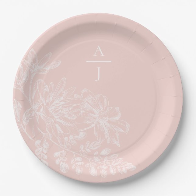 Modern Blush Pink Monogram Floral Paper Plate (Front)