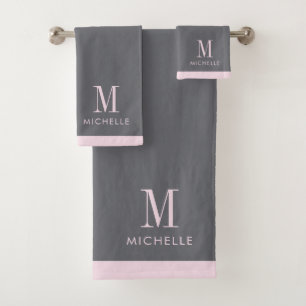 Modern Blush Pink Monogram Gray Bath Towel Set