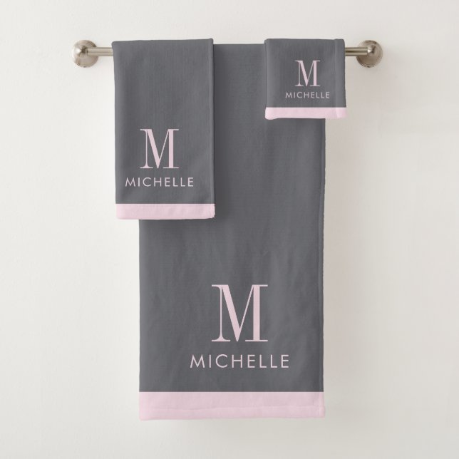 Modern Blush Pink Monogram Gray Bath Towel Set (Insitu)