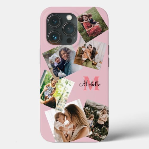 Modern Blush Pink Monogram Multi Photo  iPhone 13 Pro Case