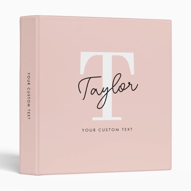 Modern Blush Pink Monogram Name Feminine Script 3 Ring Binder (Front/Spine)