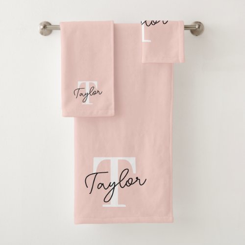 Modern Blush Pink Monogram Name Feminine Script Bath Towel Set