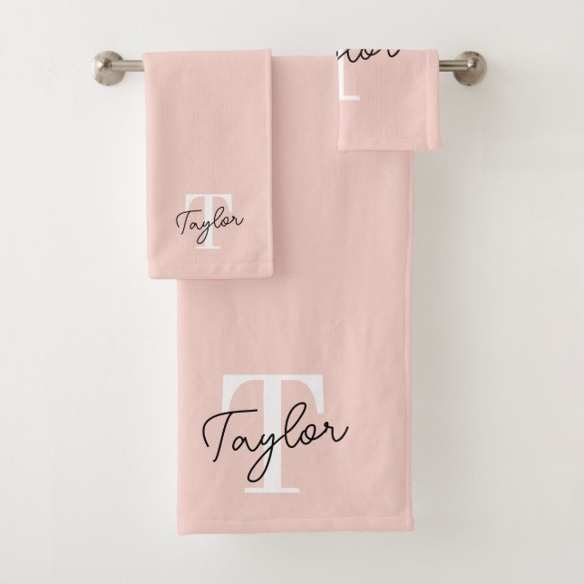 Modern Blush Pink Monogram Name Feminine Script Bath Towel Set (Insitu)