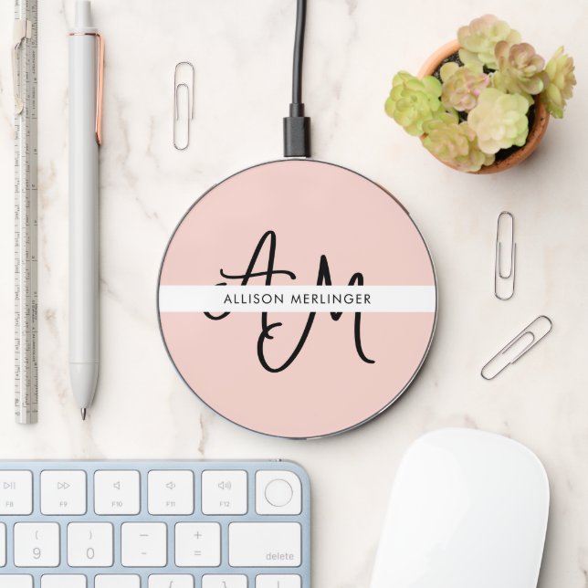 Modern Blush Pink Monogram Name Feminine Script Wireless Charger (Desk)