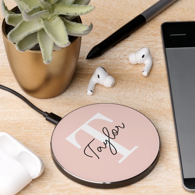 Modern Blush Pink Monogram Name Feminine Script Wireless Charger (Desk 2)
