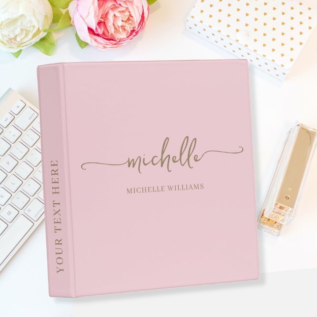 Modern Blush Pink Monogram Name Script  3 Ring Binder (Creator Uploaded)