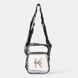 Modern Blush Pink Monogram Script Clear Crossbody Bag