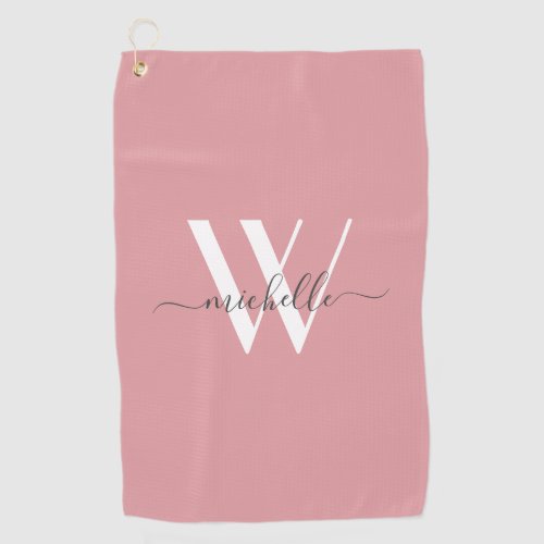 Modern Blush Pink Monogram Script Name Stylish  Golf Towel