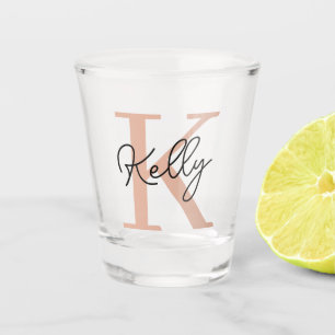 Modern Blush Pink Monogram Script Shot Glass