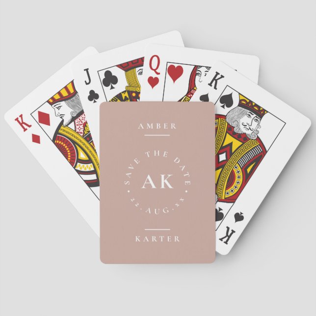 Modern Blush Pink Monogram Unique Save the Date Poker Cards (Back)