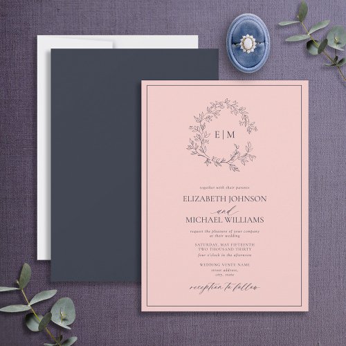 Modern Blush Pink Navy Blue Monogram Wedding Invitation