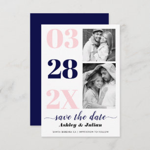 Modern blush pink, navy blue typography two photo save the date
