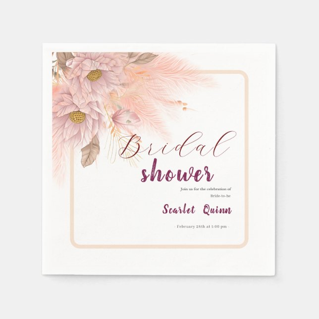 Modern blush pink pampas grass bridal shower napkins (Front)