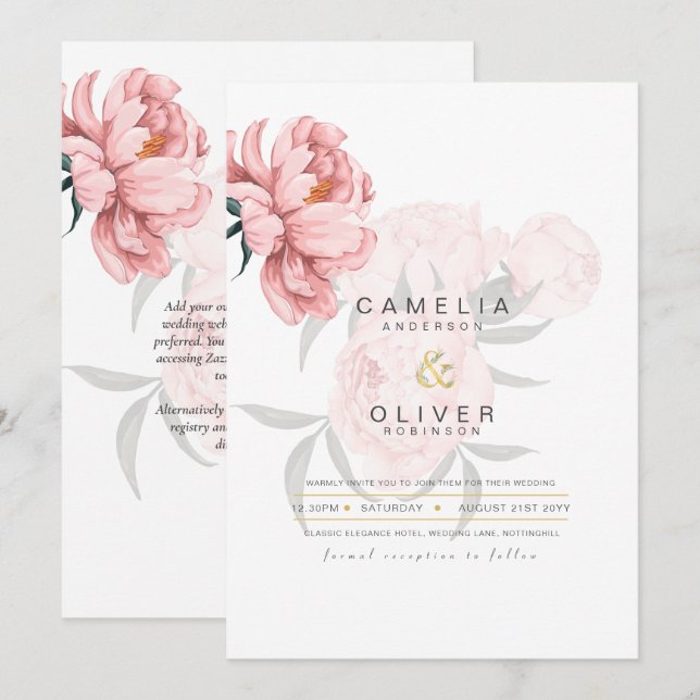 Modern Blush Pink Peonies Floral Wedding Invite (Front/Back)