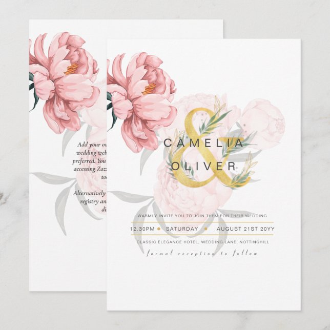 Modern Blush Pink Peonies Floral Wedding Invite (Front/Back)