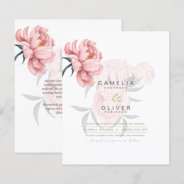 Modern Blush Pink Peonies Floral Wedding Invite (Front/Back)