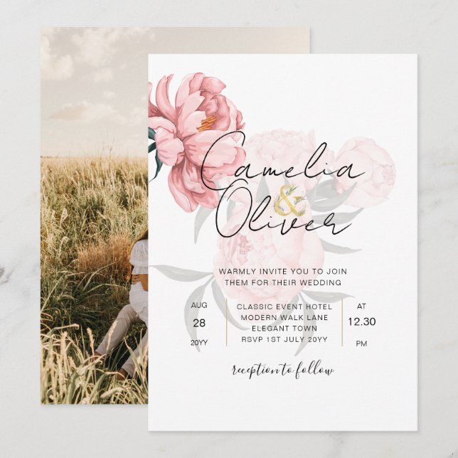 Modern Blush Pink Peonies Floral Wedding Invite (Front/Back)