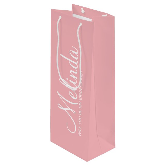 Modern Blush Pink Personalized Bridesmaid Proposal Wine Gift Bag (Front Angled)