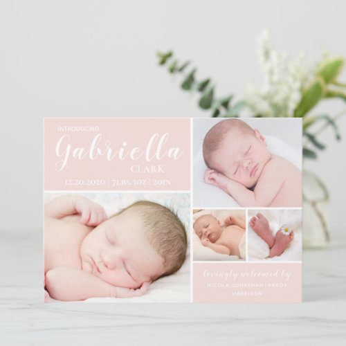 Modern Blush Pink Photo Collage Baby Girl Announcement