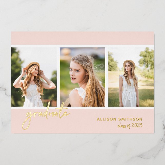 Modern Blush Pink Photo Collage Graduation Foil Invitation (Front)