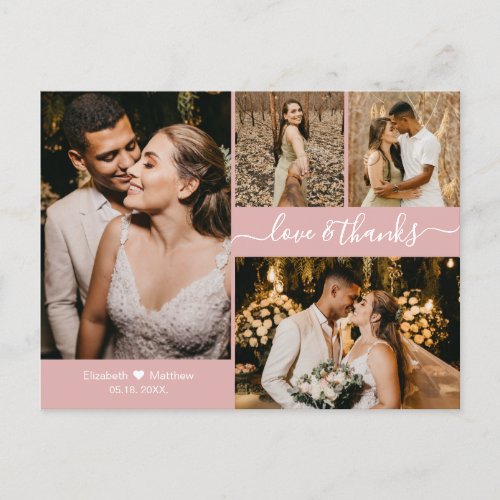 Modern Blush Pink Photo Collage Wedding Thank You Postcard
