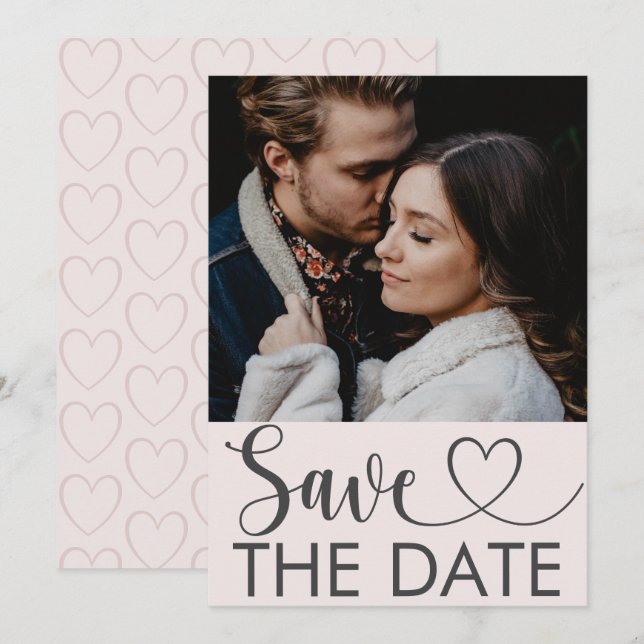 Modern Blush Pink Photo & Heart Save the Date (Front/Back)