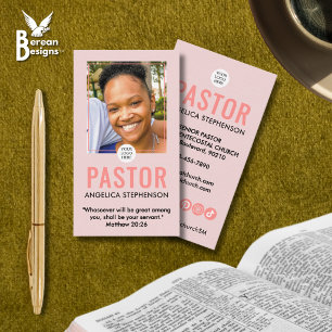 Modern Blush Pink Photo QR Logo Church Pastor Business Card