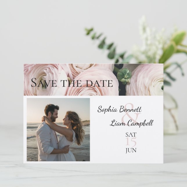Modern Blush Pink photo template Save the Date (Standing Front)