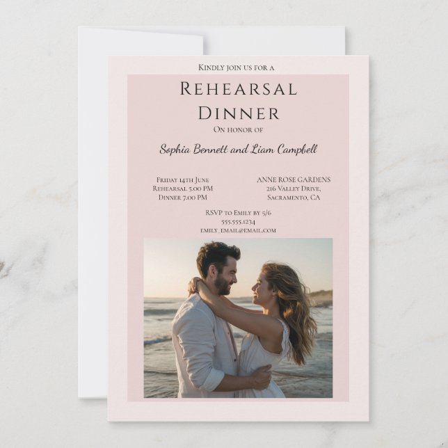 Modern blush pink photo wedding rehearsal  invitation (Front)