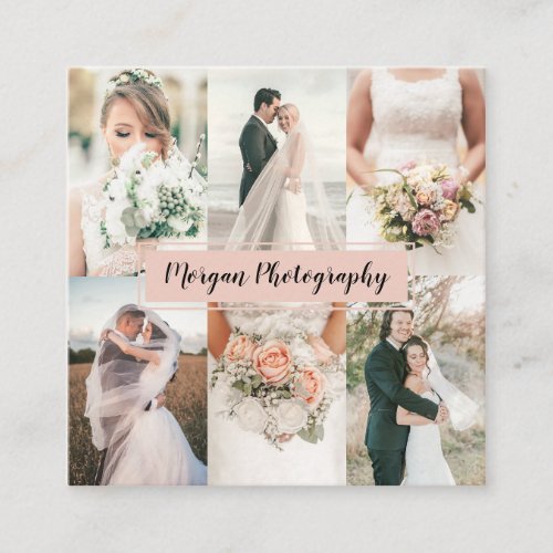 Modern blush pink photographer photo collage plain square business card