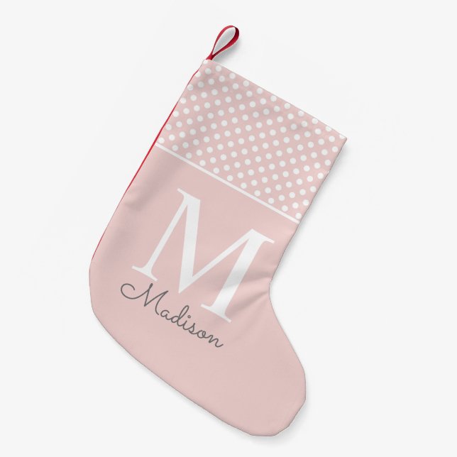 Modern blush pink polka dot pattern name monogram small christmas stocking (Front (Hanging))